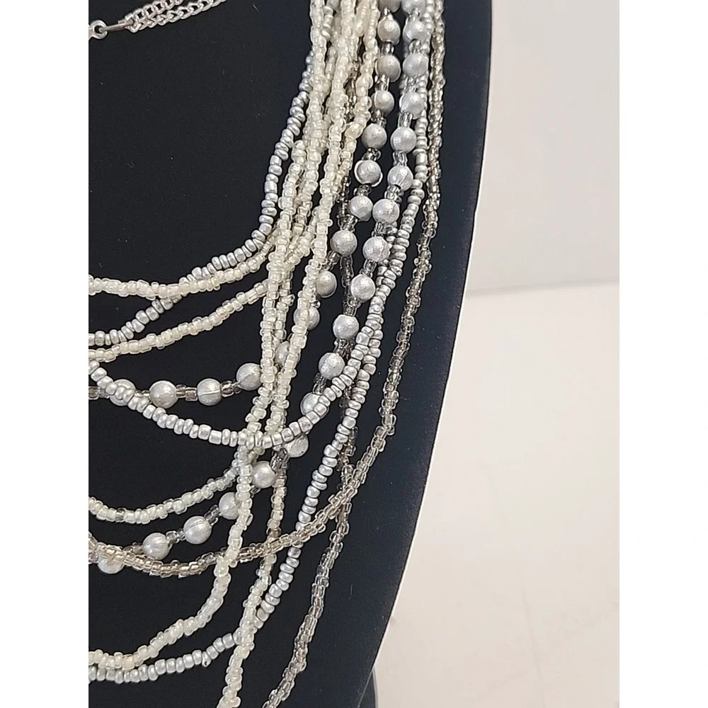 Mutli-Strand Layered Bib Necklace Silver Tones‎ W/ Glass Seed Beads 30